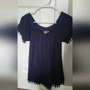 Navy Blue Pom Pom Short Sleeve shirt Women’s Size small